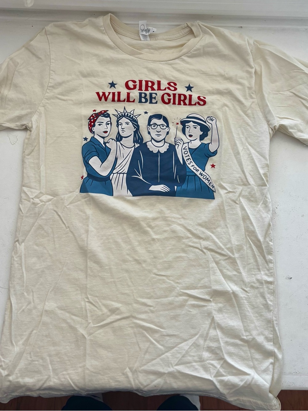 Small Girls Will Be Girls Graphic Tee - Cream with Red & Blue Print